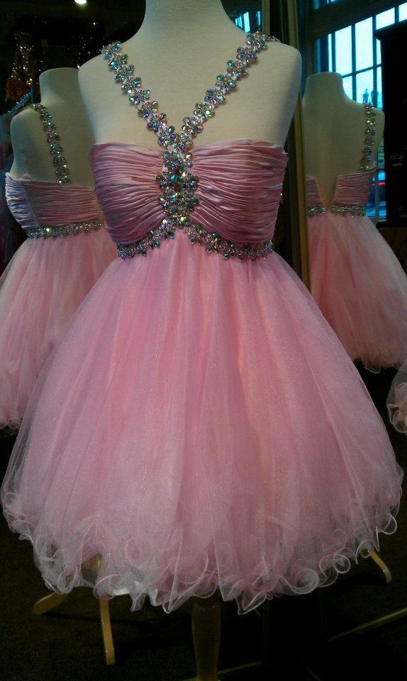 Sweet Deep V-neck Rhinestone Mesh Puffy 17th Birthday Homecoming Dress - View 2 | VelvetHem