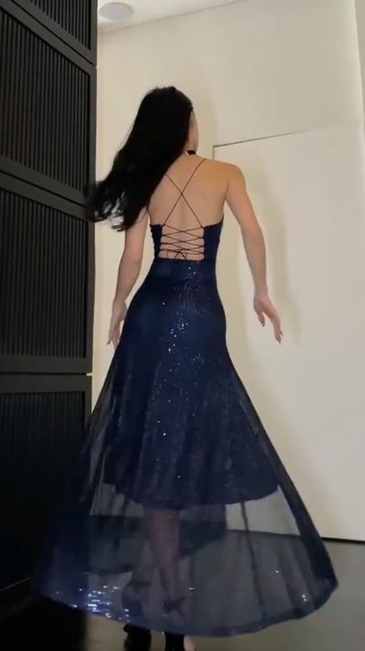 Sexy Navy Blue V-Neck Crisscross Strap High Slit Sequined Tulle Long Prom Dress Evening Dress - View 5 | VelvetHem