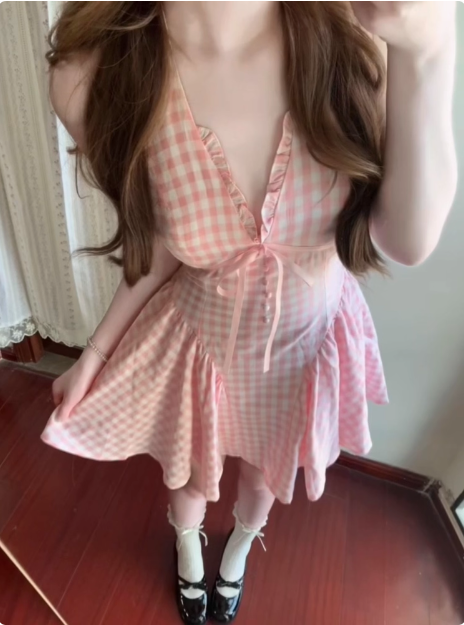 Cute V-neck Lace Bow Plaid Pleated Birthday Skirt Homecoming Dress - View 2 | VelvetHem