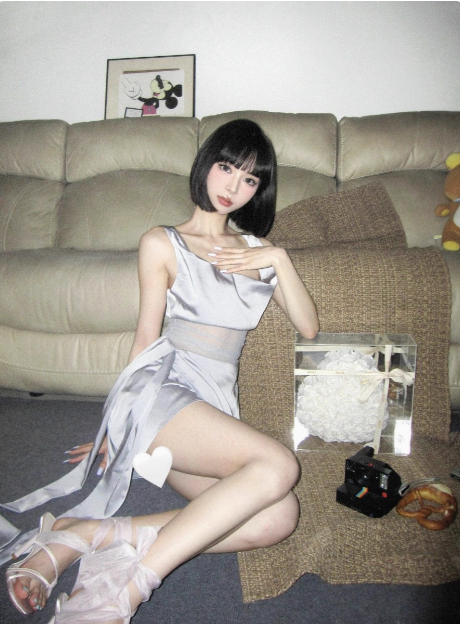 Sexy Swing Neck Silver Satin Splicing Mesh Suspender 17th Birthday Homecoming Dress - View 3 | VelvetHem