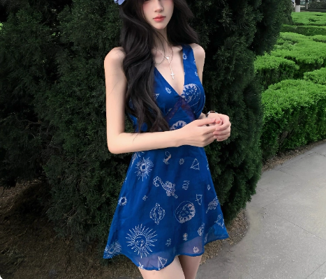 Retro V-neck Printed Mesh Suspenders Birthday Short Skirt Homecoming Dress