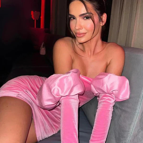Cute Pink Velvet Tube Top Slim Hip Birthday Short Skirt Homecoming Dress - View 3 | VelvetHem