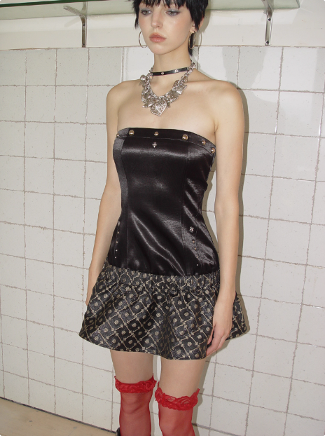 Vintage Black Studded Jacquard Satin Tube Top 17th Birthday Homecoming Dress - View 3 | VelvetHem