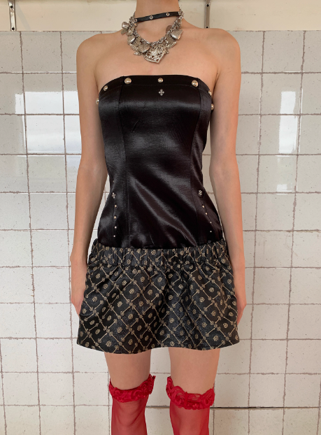 Vintage Black Studded Jacquard Satin Tube Top 17th Birthday Homecoming Dress - View 4 | VelvetHem
