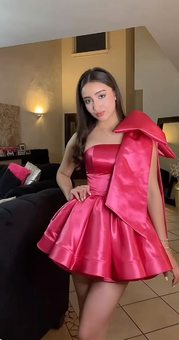 Sweet Pink One Shoulder Satin Bow A-line 17th Birthday Homecoming Dress - View 2 | VelvetHem