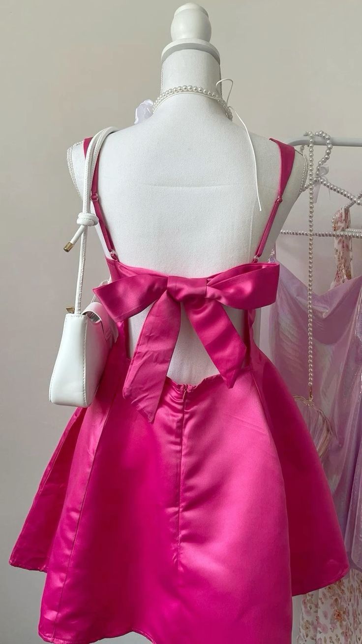 Cute Satin Straps Pink Waist Bow 17th Birthday Homecoming Dress
