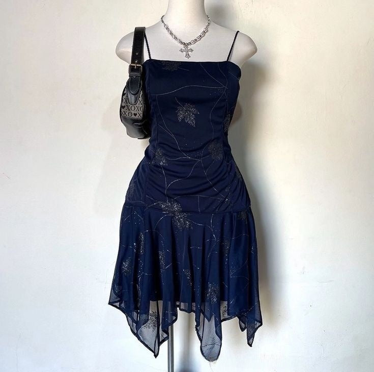 Elegant Navy Blue Suspender Chiffon Irregular Birthday Short Skirt Homecoming Dress - VelvetHem