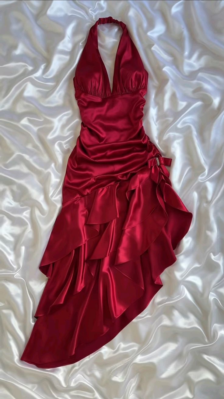 Stunning Red Satin Halter Neck Irregular Birthday Dress Homecoming Dress - View 2 | VelvetHem