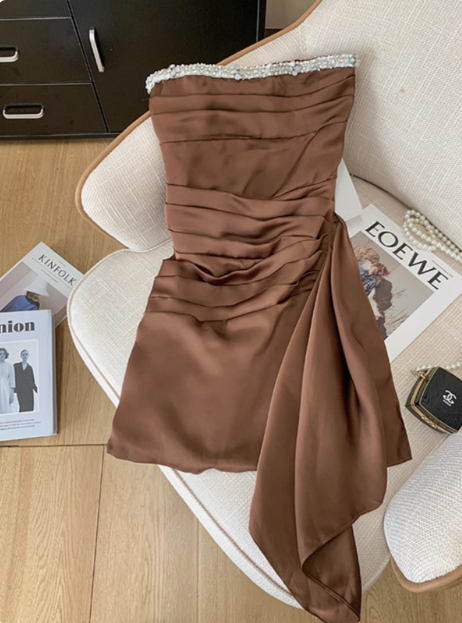 Elegant Brown Strapless Ribbon Diamond Birthday Short Skirt Homecoming Dress - View 2 | VelvetHem