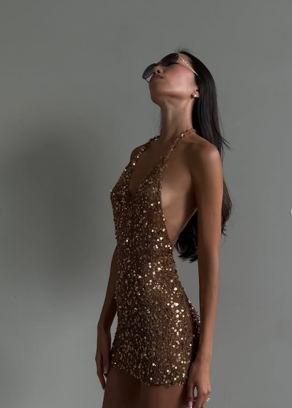 Sexy Sequined Halter Neck Open Back Slim Fit 21st Birthday Homecoming Dress - View 3 | VelvetHem
