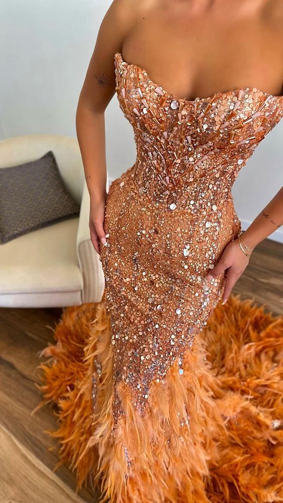 Vintage Orange Mermaid Sweetheart Neckline Feather Sequin Beaded Train Prom Dress Evening Dress - View 2 | VelvetHem