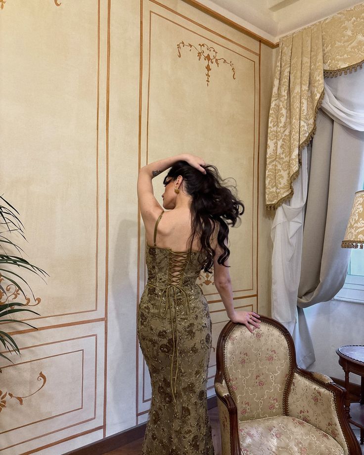 Vintage Olive Gold-Brown Mermaid Spaghetti Strap Sequined Embroidered Long Prom Dress Evening Dress - View 5 | VelvetHem