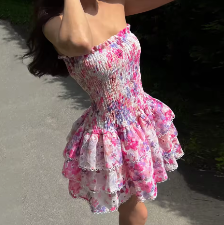 Pretty Pink Print Floral Layered A Line Mini Prom Dress Strapless Graduation Homecoming Dress - View 3 | VelvetHem