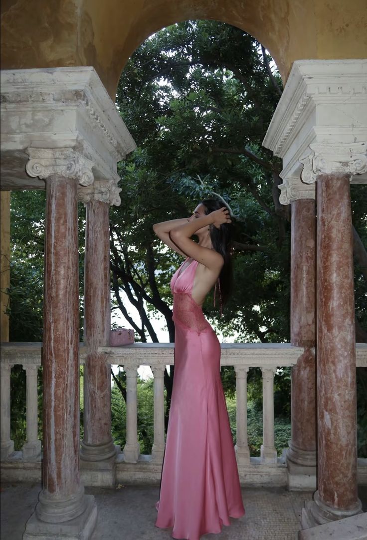 Sexy And Elegant Rose Pink Fitted Halter Neck Backless Lace Satin Long Prom Dress Evening Dress - View 2 | VelvetHem