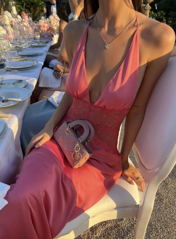 Sexy And Elegant Rose Pink Fitted Halter Neck Backless Lace Satin Long Prom Dress Evening Dress - View 3 | VelvetHem