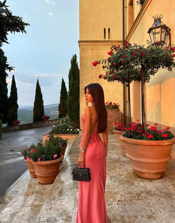 Sexy And Elegant Rose Pink Fitted Halter Neck Backless Lace Satin Long Prom Dress Evening Dress - View 5 | VelvetHem