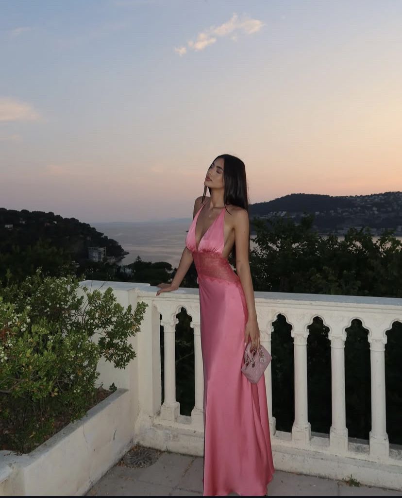 Sexy And Elegant Rose Pink Fitted Halter Neck Backless Lace Satin Long Prom Dress Evening Dress - View 6 | VelvetHem
