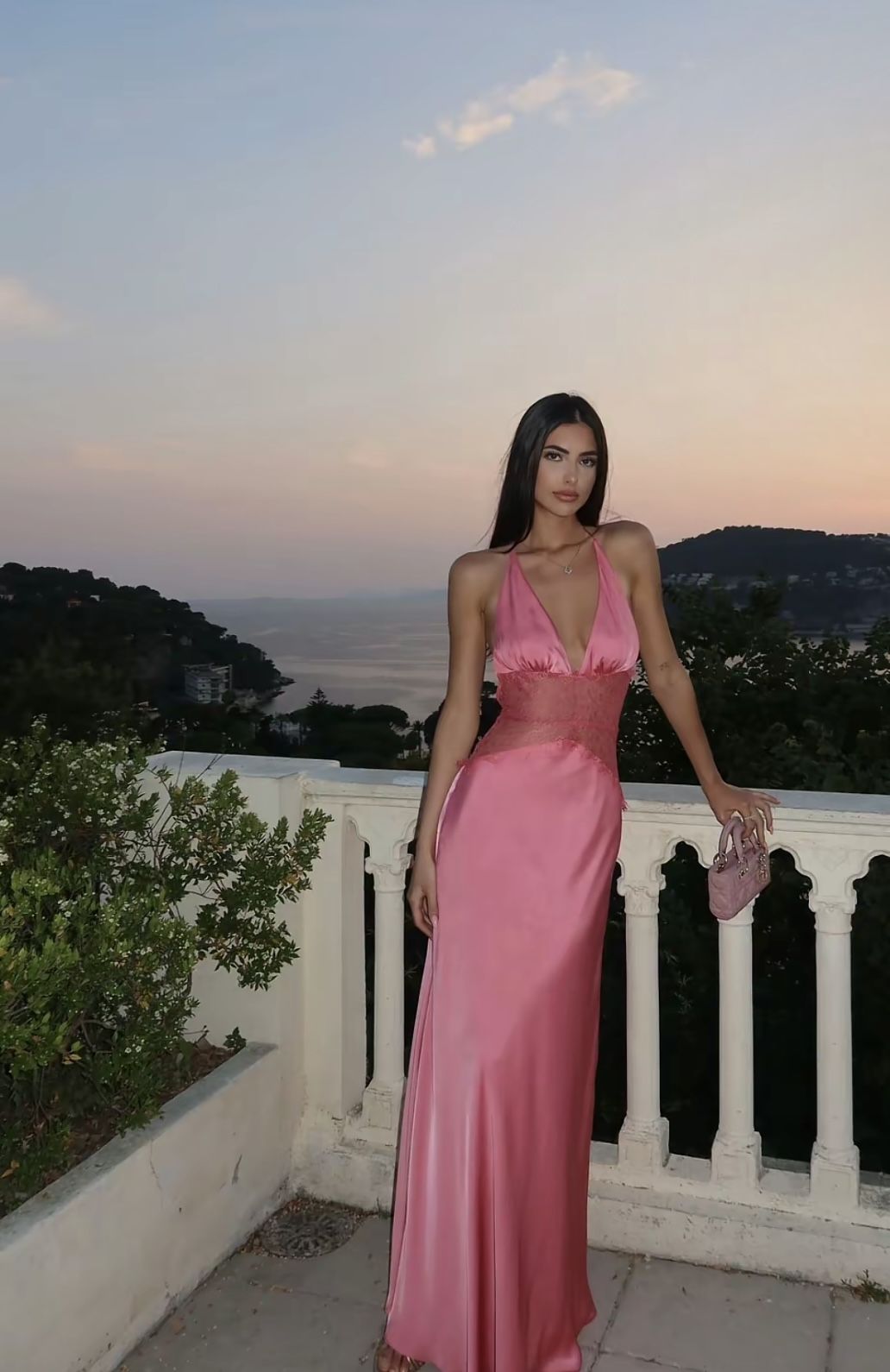 Sexy And Elegant Rose Pink Fitted Halter Neck Backless Lace Satin Long Prom Dress Evening Dress - View 8 | VelvetHem