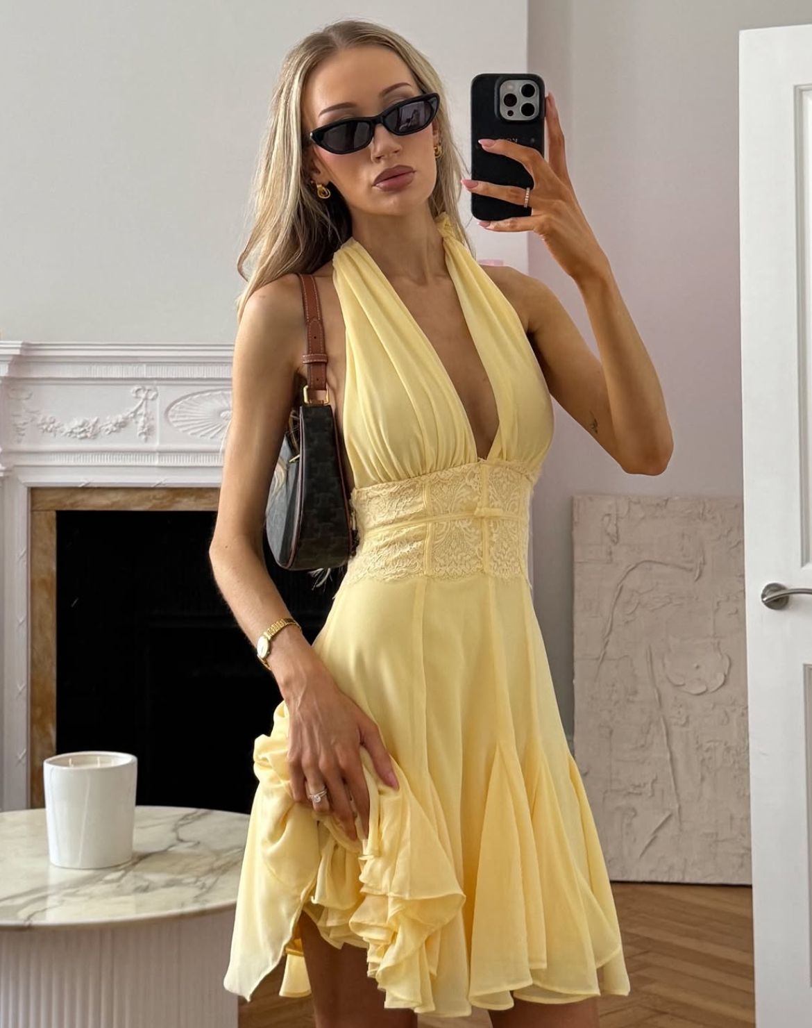 Fashionable Light Yellow Halterneck Deep V-neck Chiffon A-line Birthday Homecoming Dress - View 2 | VelvetHem