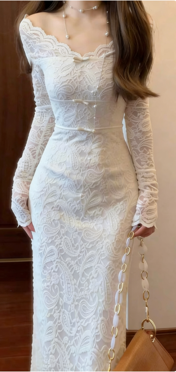 Elegant White Slim-Fit Long-Sleeve Lace Long Prom Dress Evening Dress - VelvetHem
