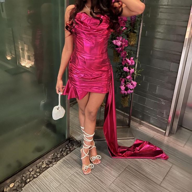 Gorgeous Rose Red Tube Top Pleated Irregular Tail Slim Shiny Satin Birthday Party Homecoming Dress - View 2 | VelvetHem