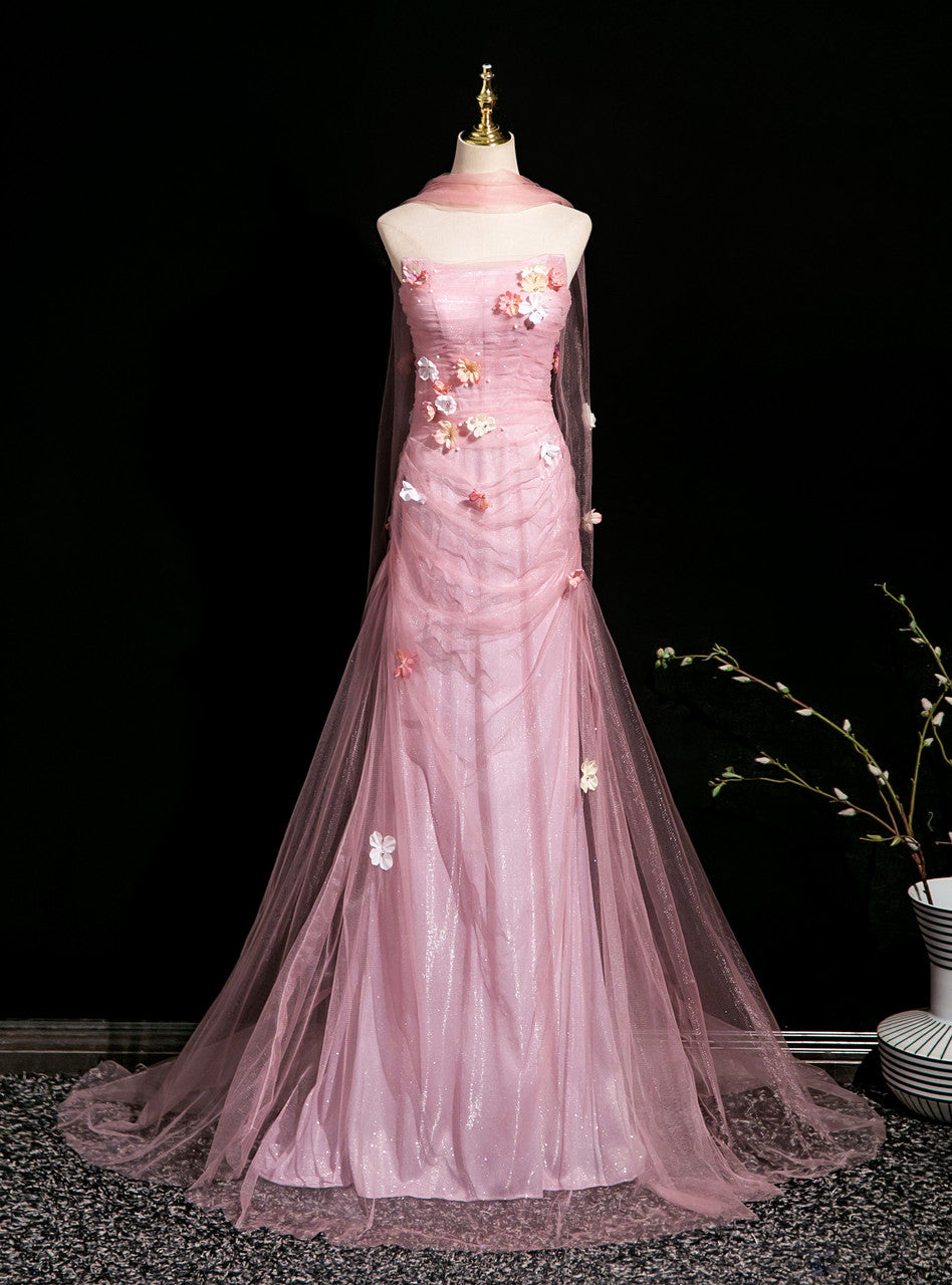 Elegant Light Pink A-Line Strapless 3D Floral Tulle Long Prom Dress Evening Dress - View 2 | VelvetHem