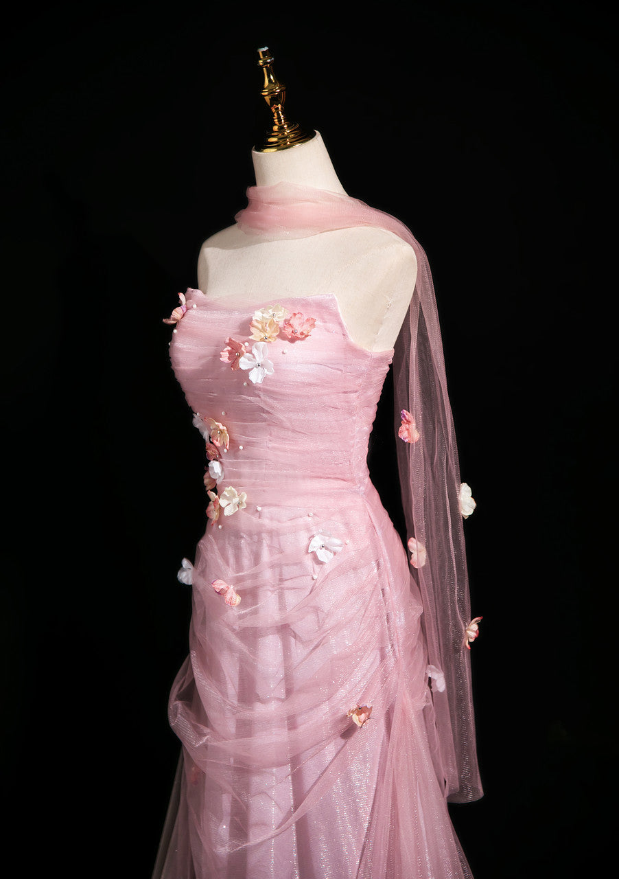 Elegant Light Pink A-Line Strapless 3D Floral Tulle Long Prom Dress Evening Dress - View 3 | VelvetHem