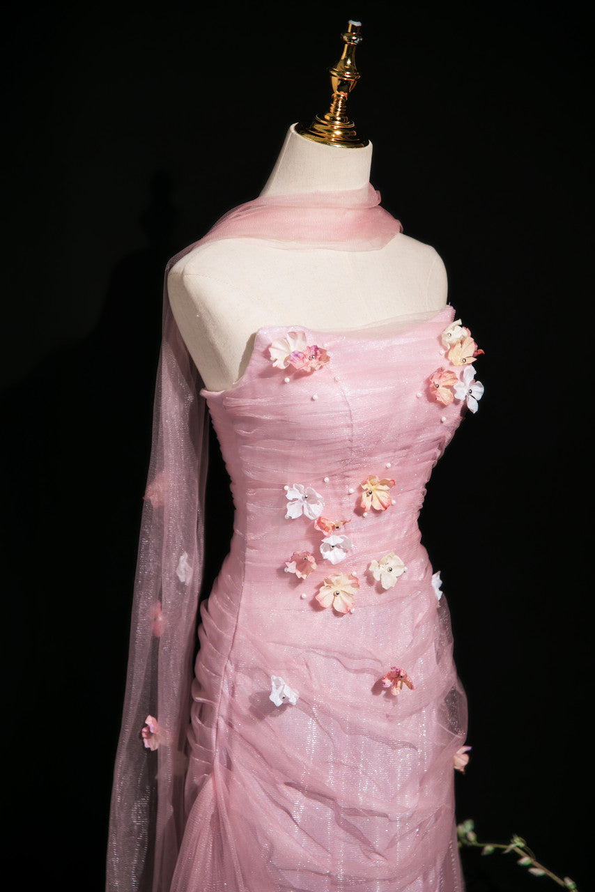 Elegant Light Pink A-Line Strapless 3D Floral Tulle Long Prom Dress Evening Dress - View 4 | VelvetHem