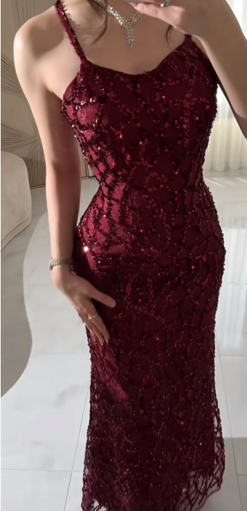 Luxurious Burgundy Mermaid Spaghetti Strap Sequin Tulle Long Prom Dress Evening Dress - View 2 | VelvetHem