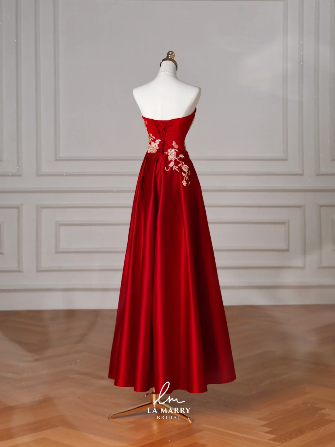 Gorgeous Red Satin Sequin Embroidery A Line Prom Dress Strapless Evening Dress Y8631