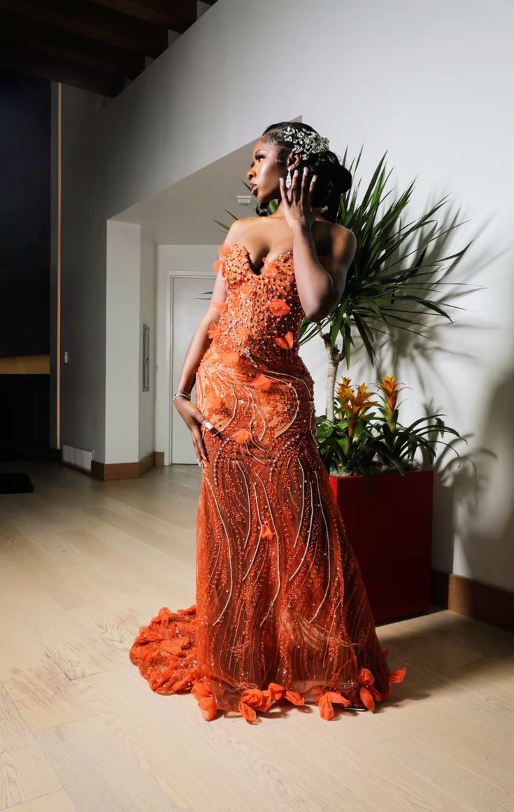Gorgeous Orange Mermaid Sweetheart Neck Beaded Sequin Tulle Train Prom Dress Evening Dress - View 2 | VelvetHem