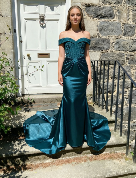 Elegant Deep Peacock Blue Mermaid Off-the-Shoulder Satin Train Prom Dress Evening Dress - View 3 | VelvetHem