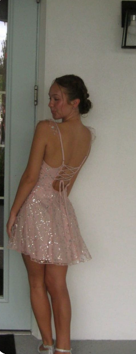 Sweet Pink Square Neck Sequined Back Tie Tulle A-line Birthday Party Homecoming Dress - View 4 | VelvetHem