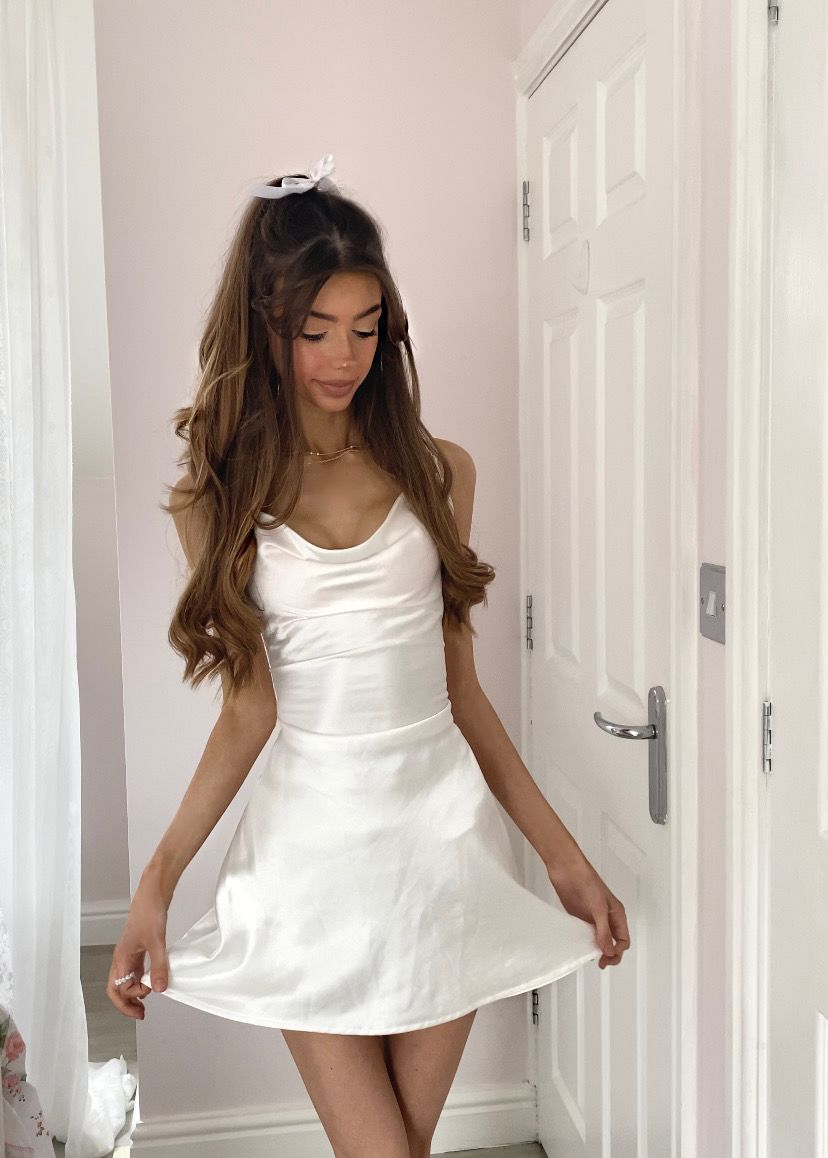 Sweet White Slouch Neckline And Waisted A-line Satin 16th Birthday Homecoming Dress - View 3 | VelvetHem
