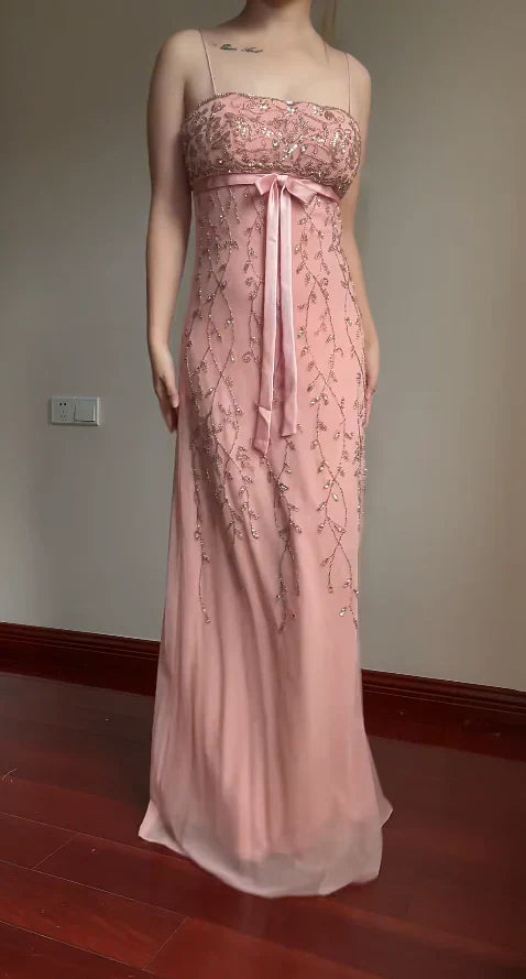 Elegant Pink Slim-Fit Spaghetti Strap Beaded Embroidery Leaf Bow Chiffon Long Prom Dress Evening Dress