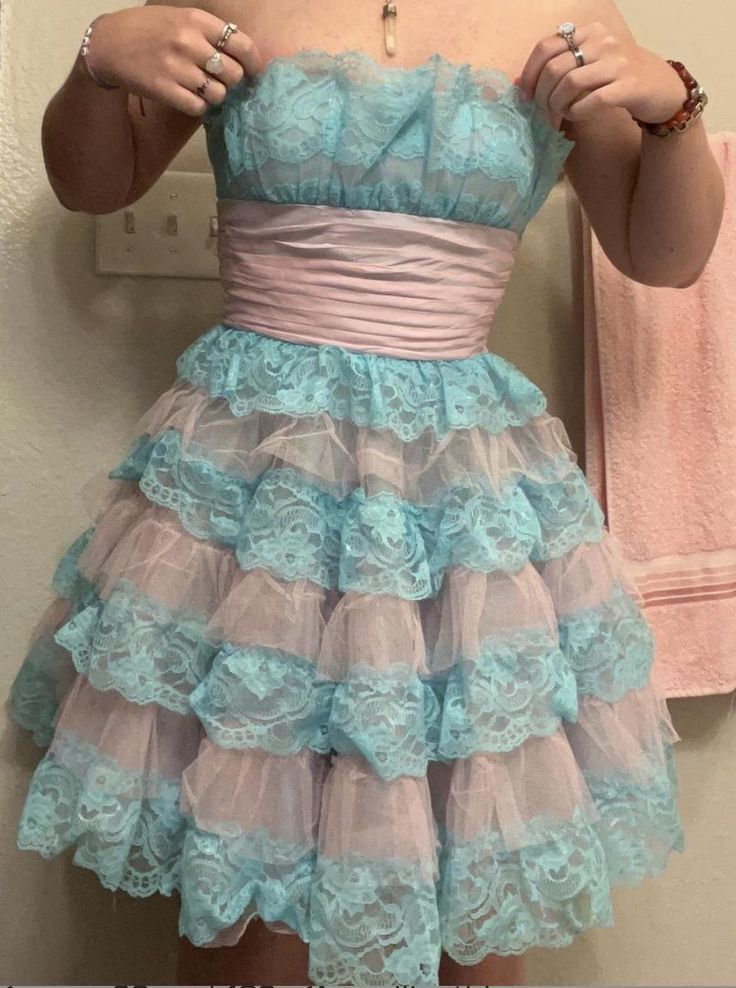 Sweet Blue And Pink Colorblock Multi-layer Lace And Organza A-line Birthday Party Homecoming Dress - View 2 | VelvetHem
