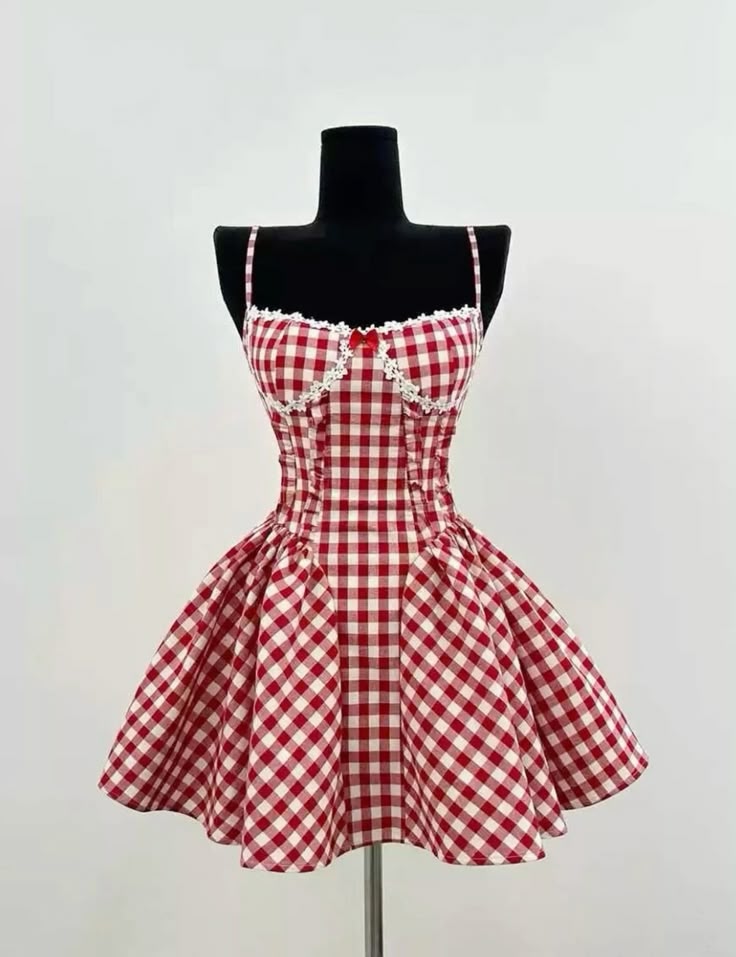 Retro Red And White Plaid Suspender A-line Birthday Party Homecoming Dress - View 2 | VelvetHem