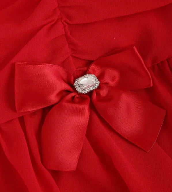 Sweet Red Square Neck Bow Pleated Chiffon 17th Birthday Homecoming Dress - View 5 | VelvetHem