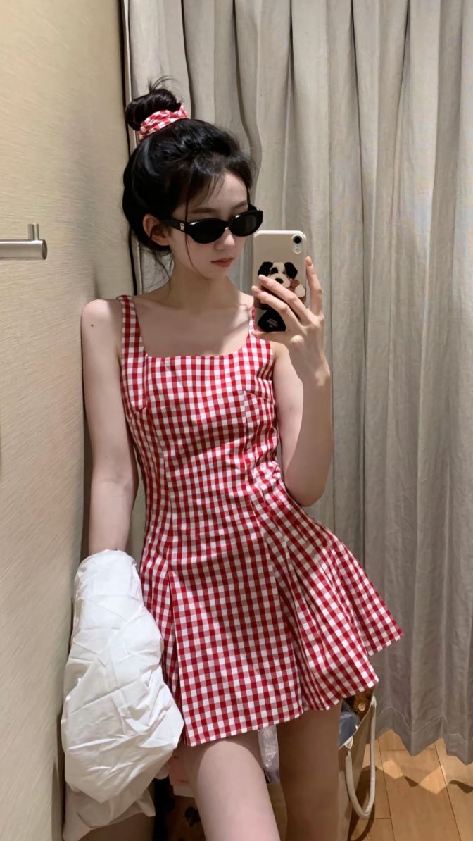 Sweet Retro Red And White Plaid Square Neck Pleated A-line 17th Birthday Homecoming Dress - VelvetHem