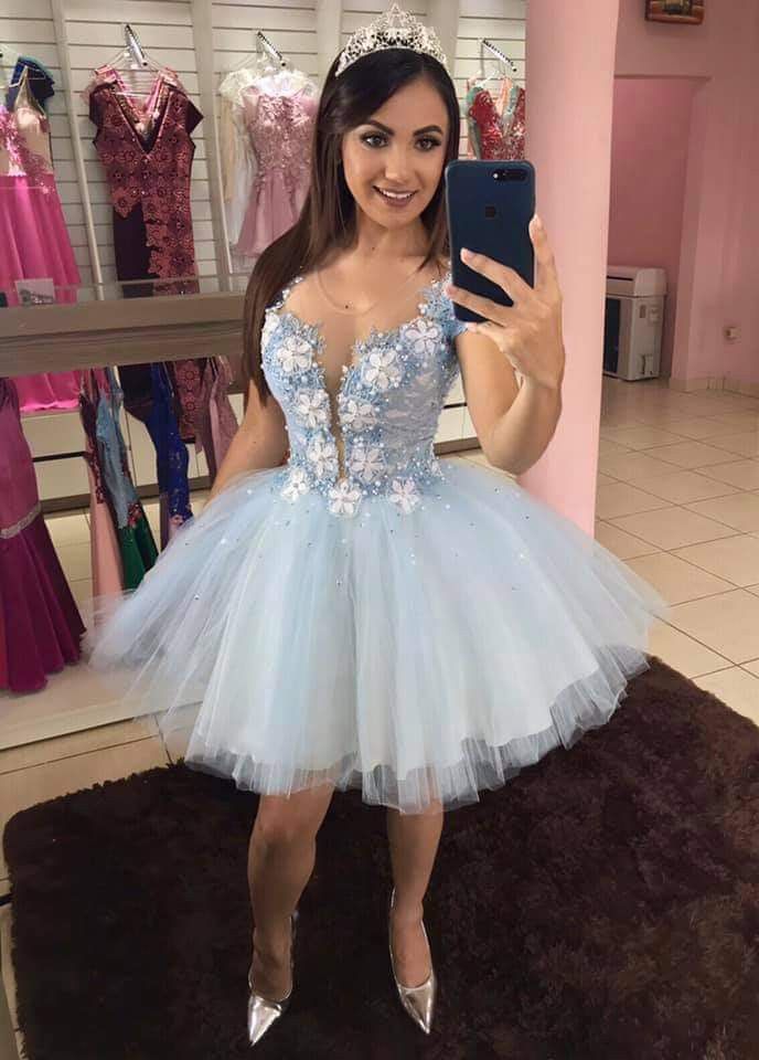 Dreamy Light Blue Short-sleeved Lace Tulle A-line 16th Birthday Miniskirt Homecoming Dress - View 2 | VelvetHem