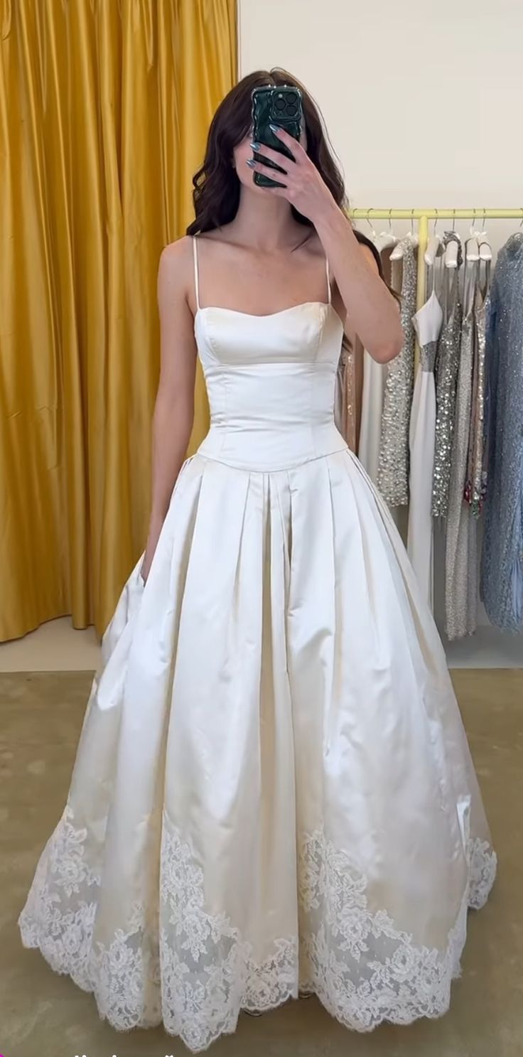 Elegant Ivory A-Line Spaghetti Strap Lace Hem Satin Wedding Dress