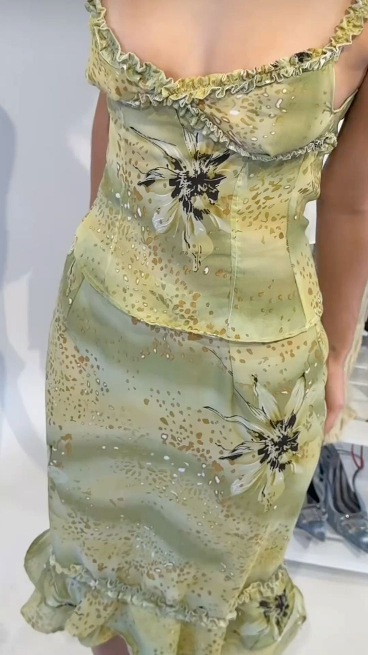 Retro Elegant Yellow Green Printed Ruffled Slim Chiffon Birthday Party Homecoming Dress