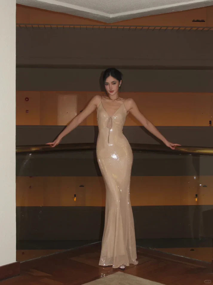 Sexy Shining Nude Apricot Mermaid Deep V Spaghetti Strap Sequin Long Prom Dress Evening Dress - View 2 | VelvetHem