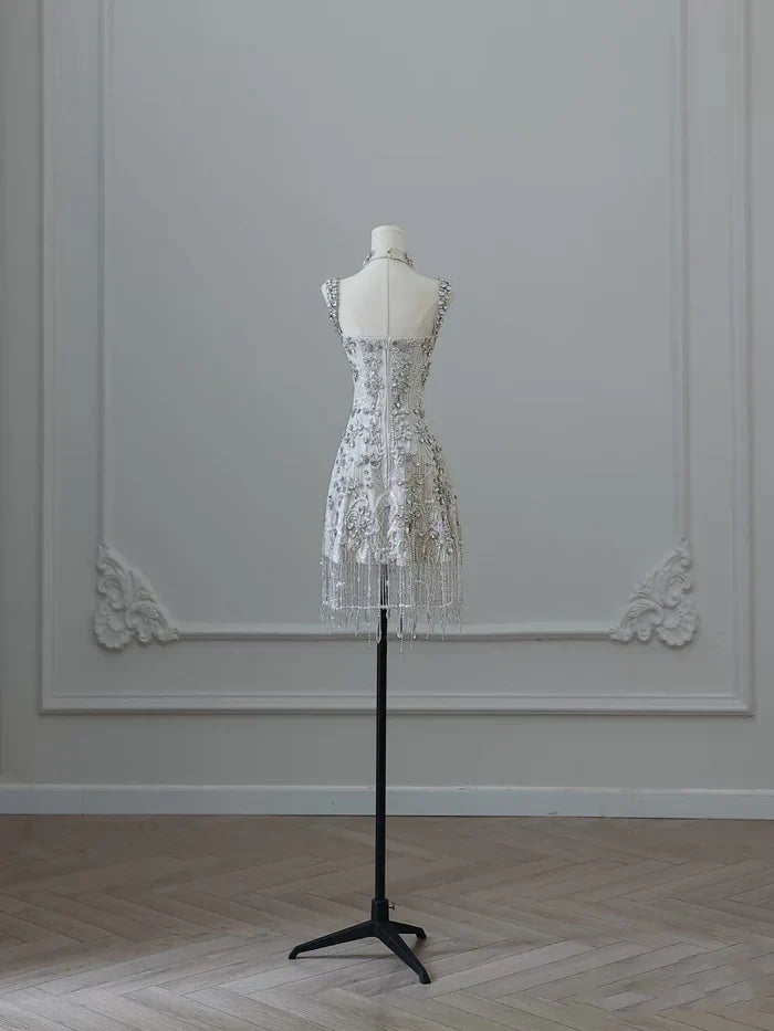 Luxury Sparkling Silver White Rhinestone Crystal Tassel Lace Slim Birthday Short Skirt Homecoming