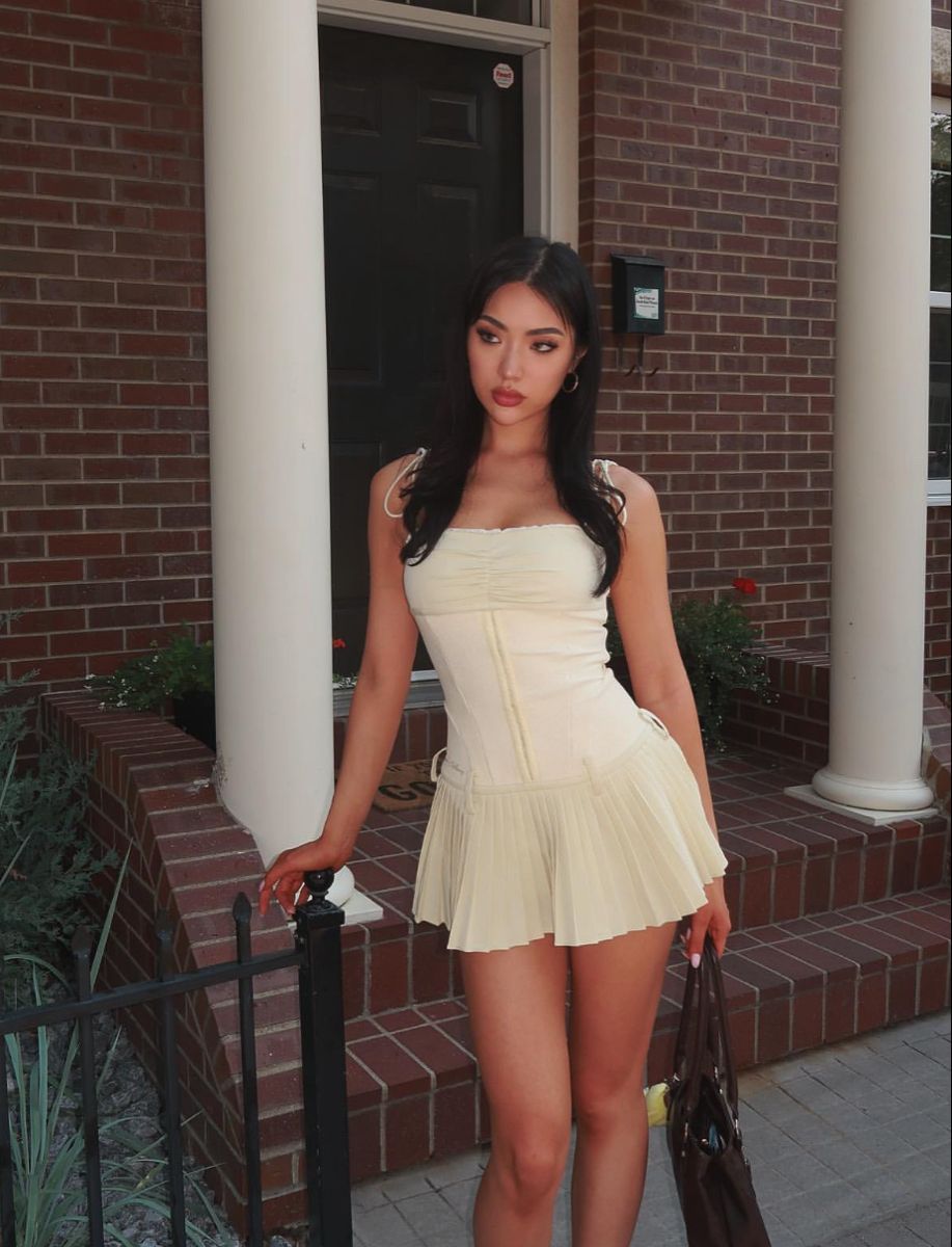 Sweet Light Yellow Suspender Pleated Waist Pleated Skirt Homecoming Dress - View 3 | VelvetHem