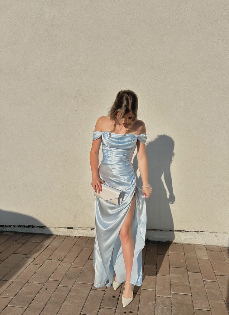 Elegant Ice Blue Off-the-shoulder Strapless Ruffled Split Satin Long Prom Dress Evening Dress - View 2 | VelvetHem