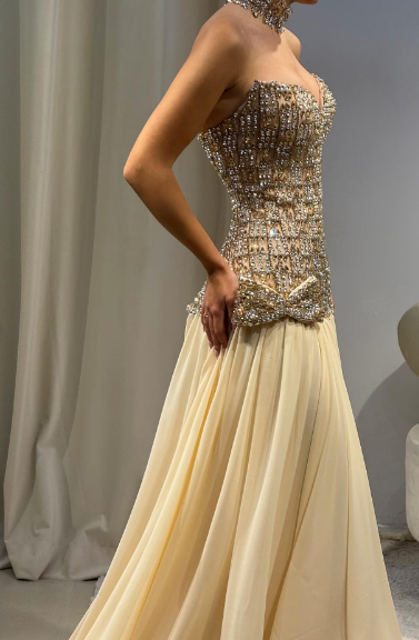 Luxurious Champagne Sweetheart Neck A-line Diamond-Embellished Bow Chiffon Long Prom Dress Evening Dress - View 8 | VelvetHem