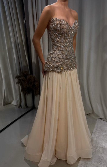Luxurious Champagne Sweetheart Neck A-line Diamond-Embellished Bow Chiffon Long Prom Dress Evening Dress - View 9 | VelvetHem