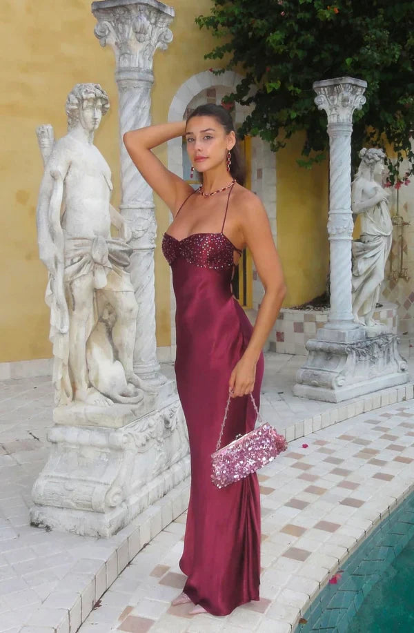 Sexy Burgundy Bodycon Halter Backless Satin Long Prom Dress Evening Dress