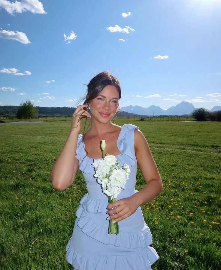 Sweet Light Blue Square Neck Ruffle Birthday Homecoming Dress - View 2 | VelvetHem